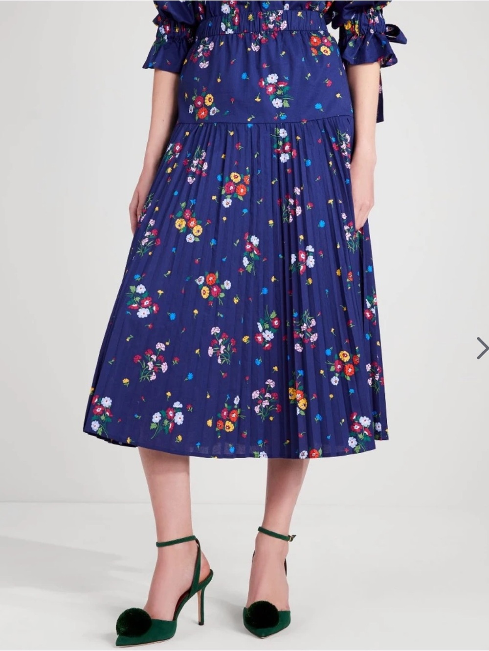 Kate Spade Sz L Skirt Bouquet Toss French Navy Blue Floral Pleated Midi Preppy。